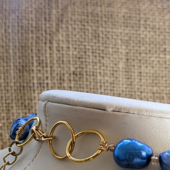 Dark Blue Metallic AB Crystal & Blue Baroque Pearl Statement Necklace - Picture 6 of 9